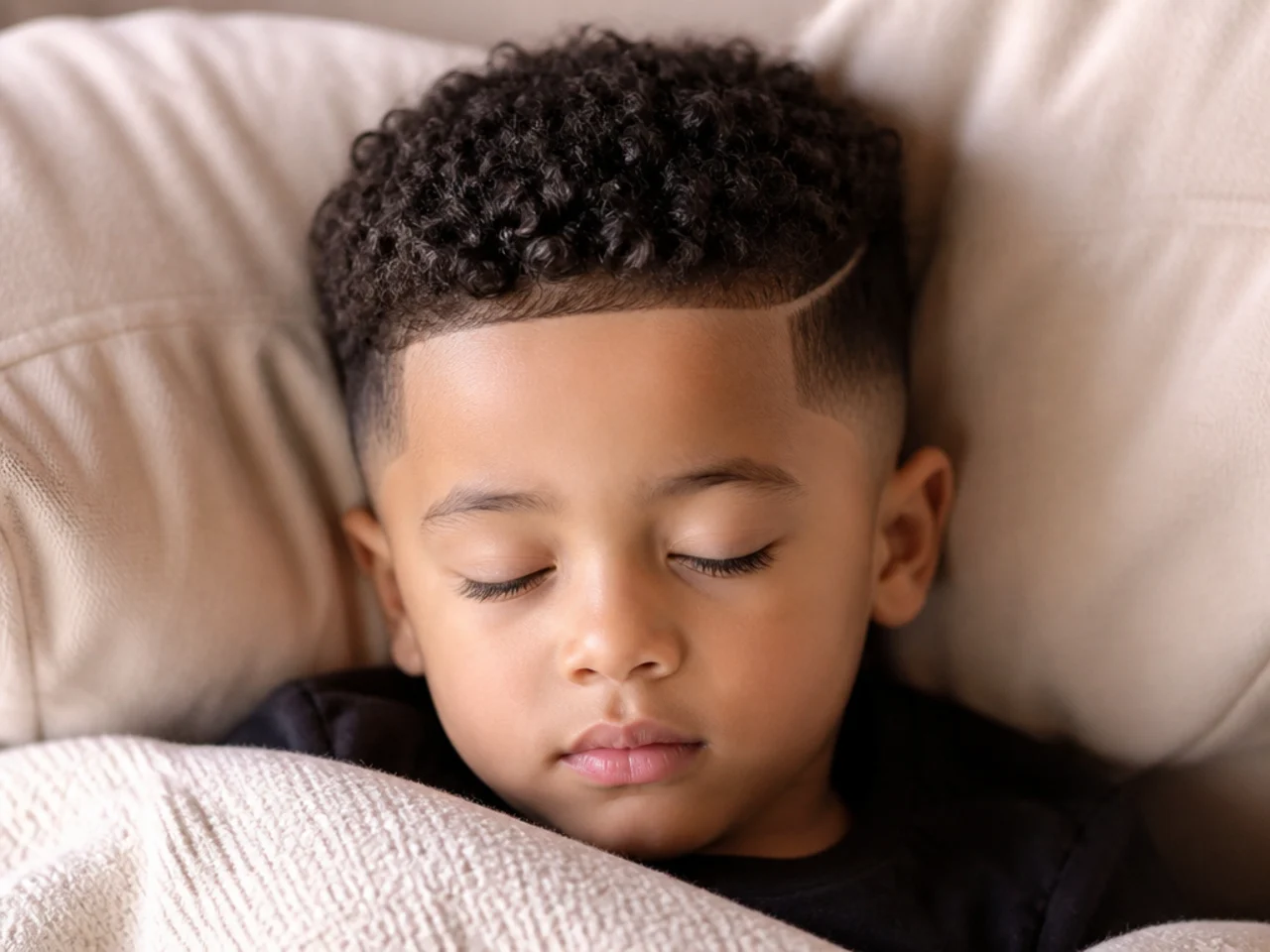 A toddler asleep with short curls at the back of his head