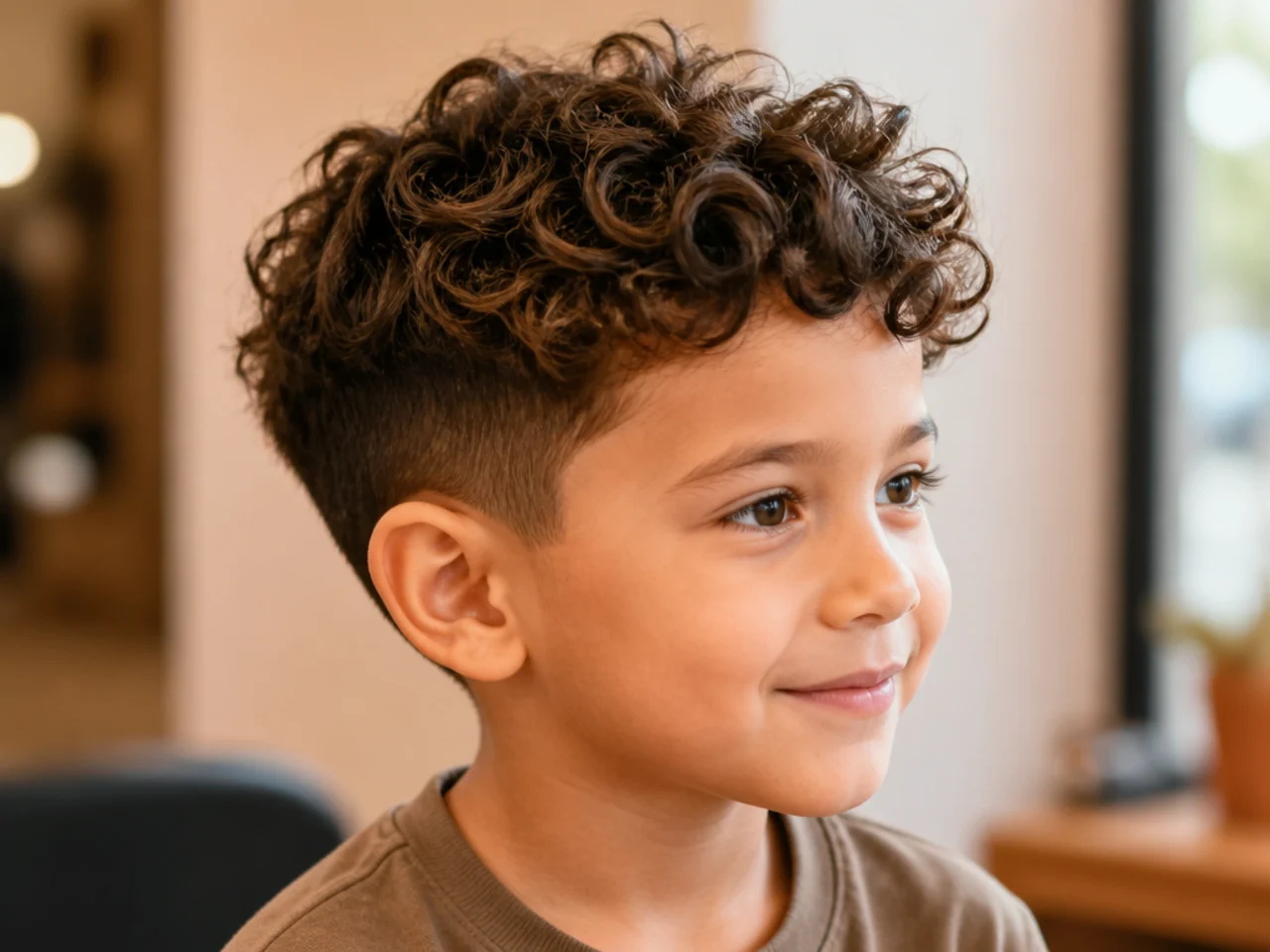 A toddler with curly top and scissor-cut sides