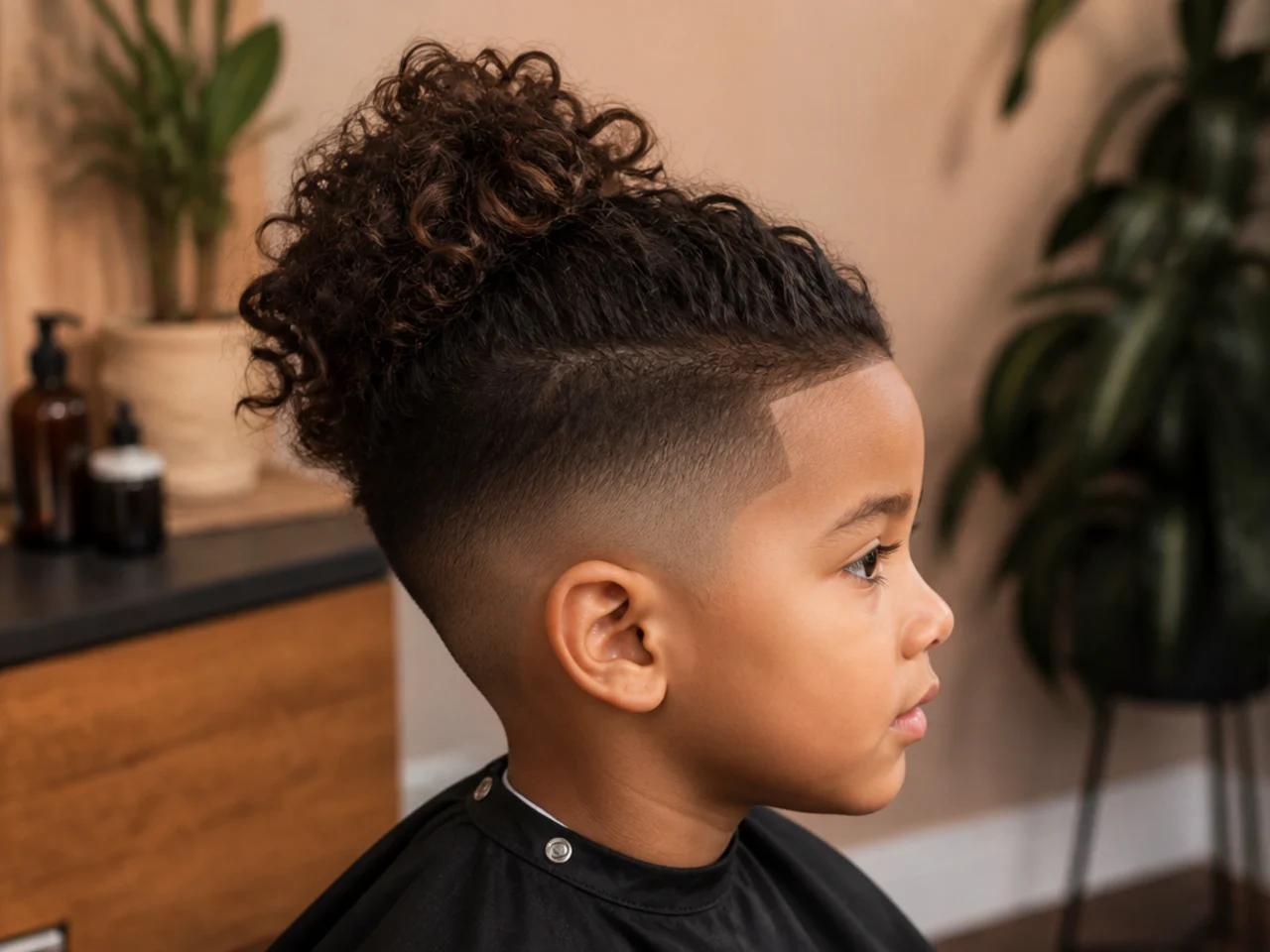 A toddler with long curls gathered at the crown