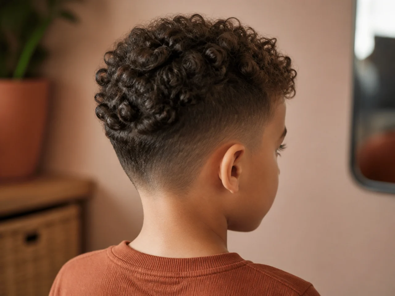 A toddler with a short even reset haircut on curly hair
