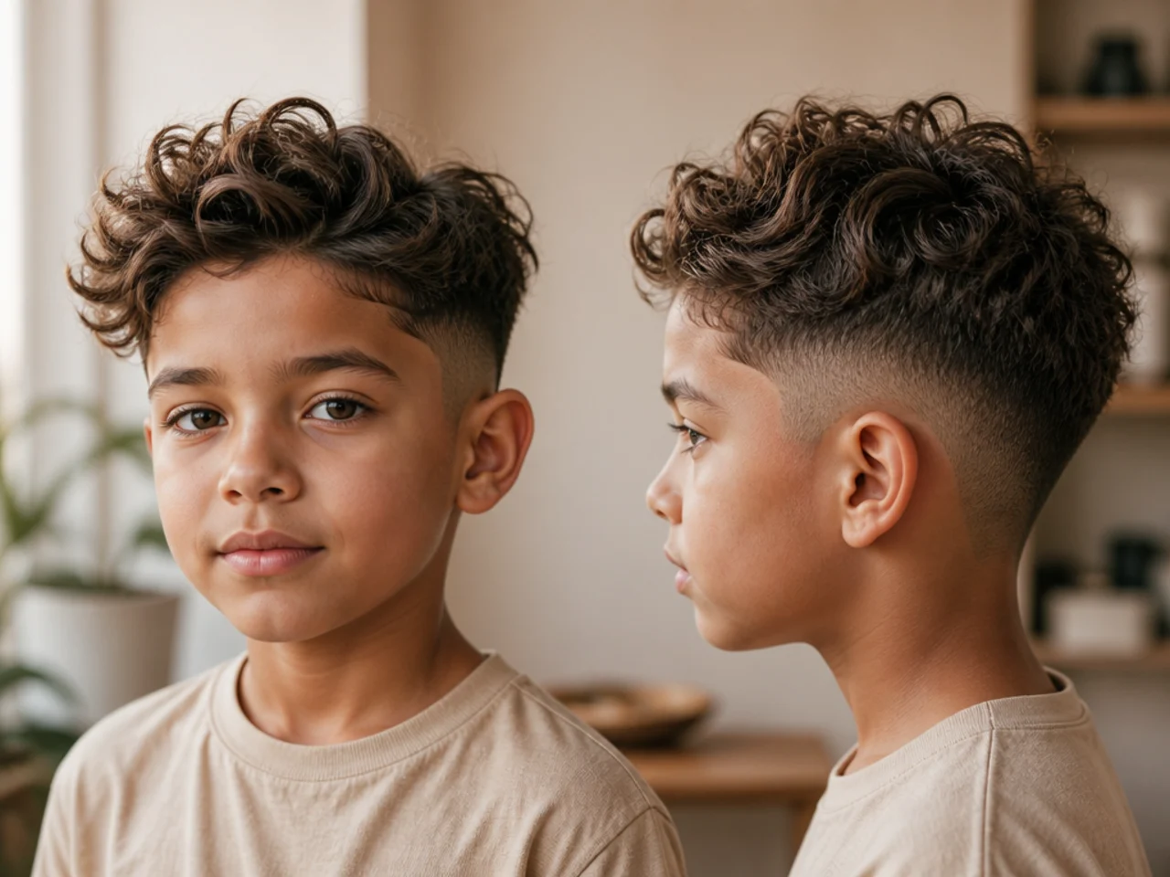 A toddler with long curly fringe pushed off the forehead