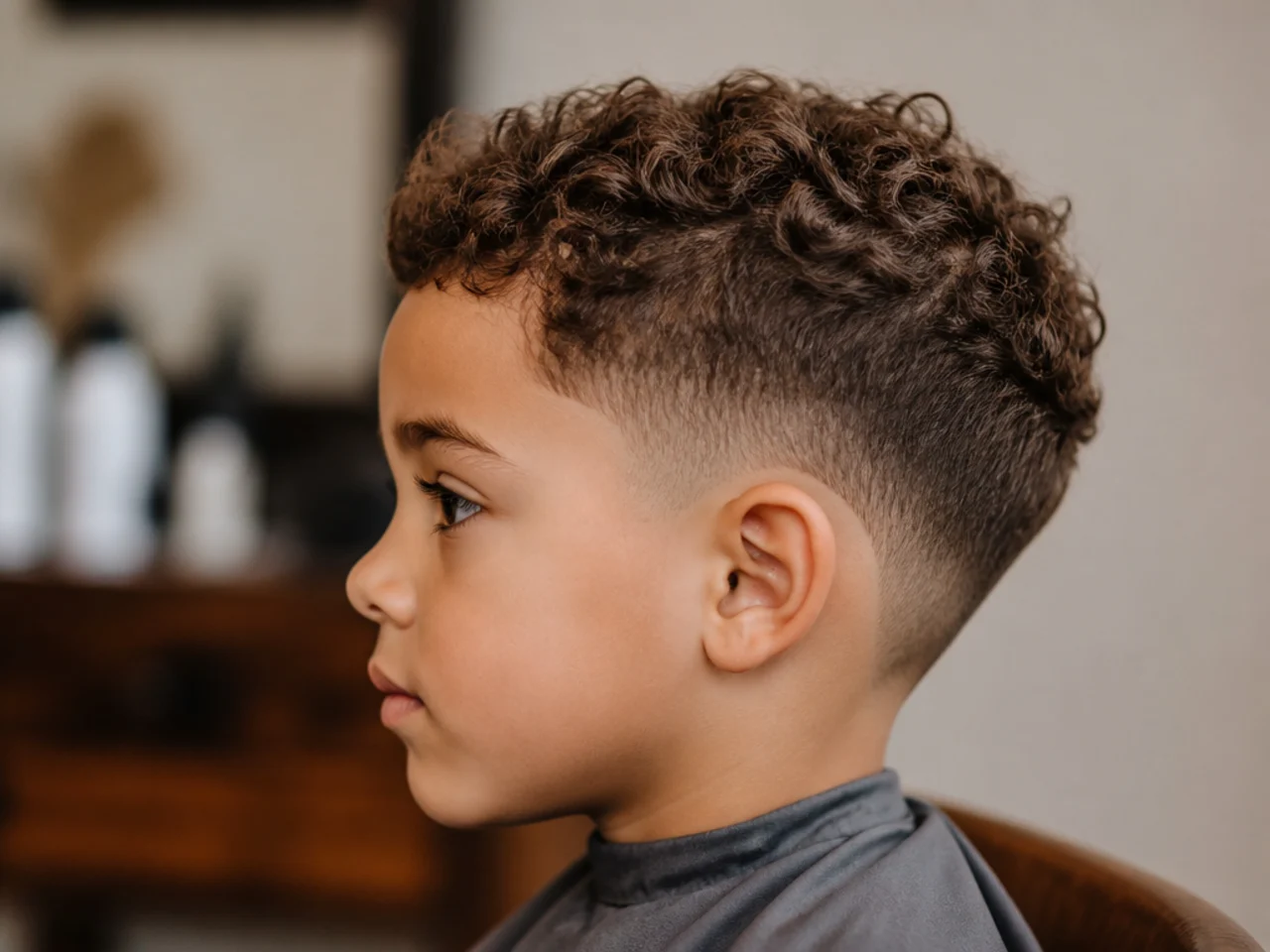 A toddler with curls trimmed away from the ears