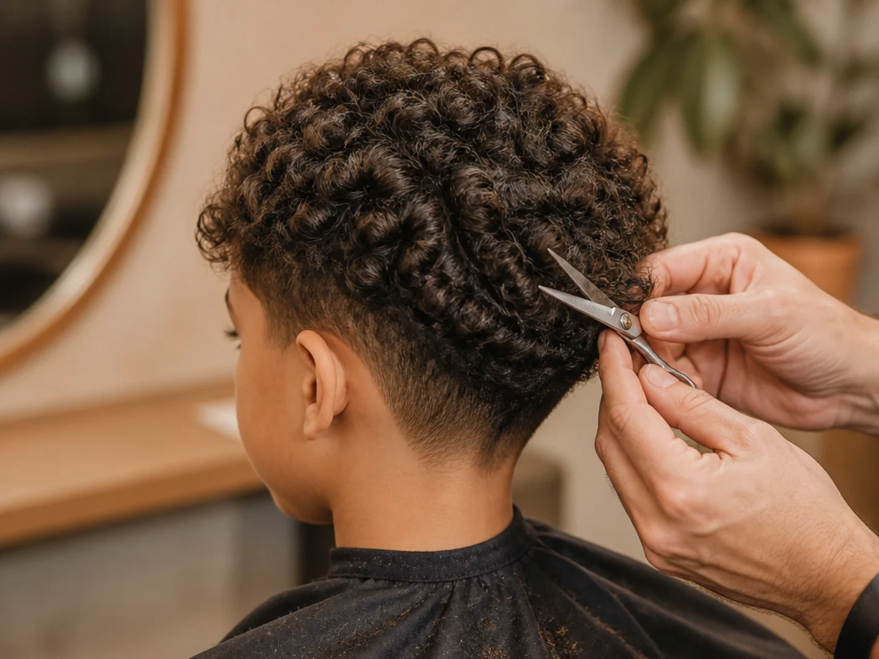 Scissors point cutting into the ends of a toddler's curls