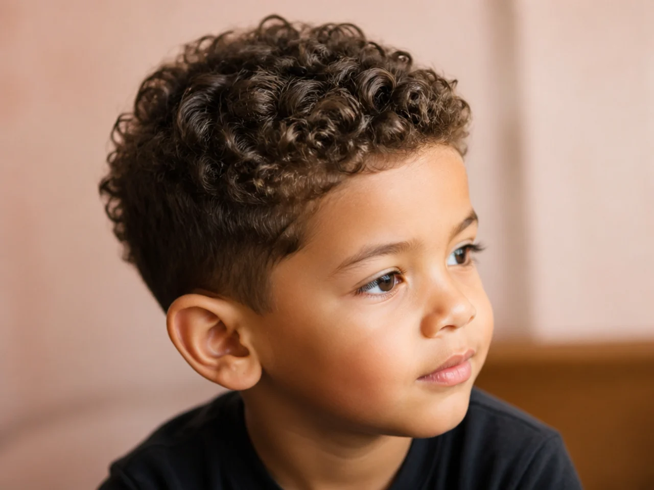 A toddler with a short all-over curly crop