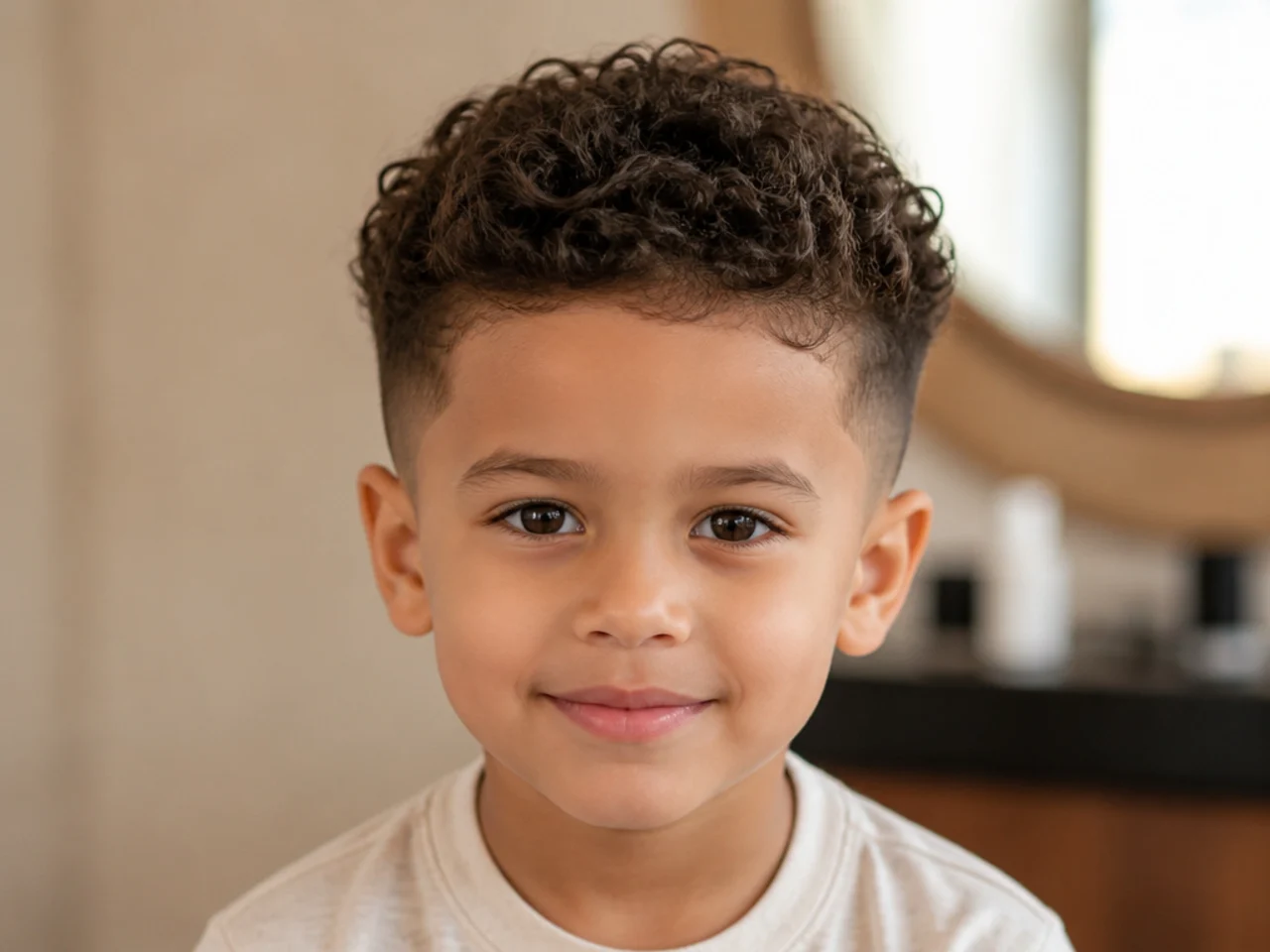 A toddler with tapered curls at the back of the neck