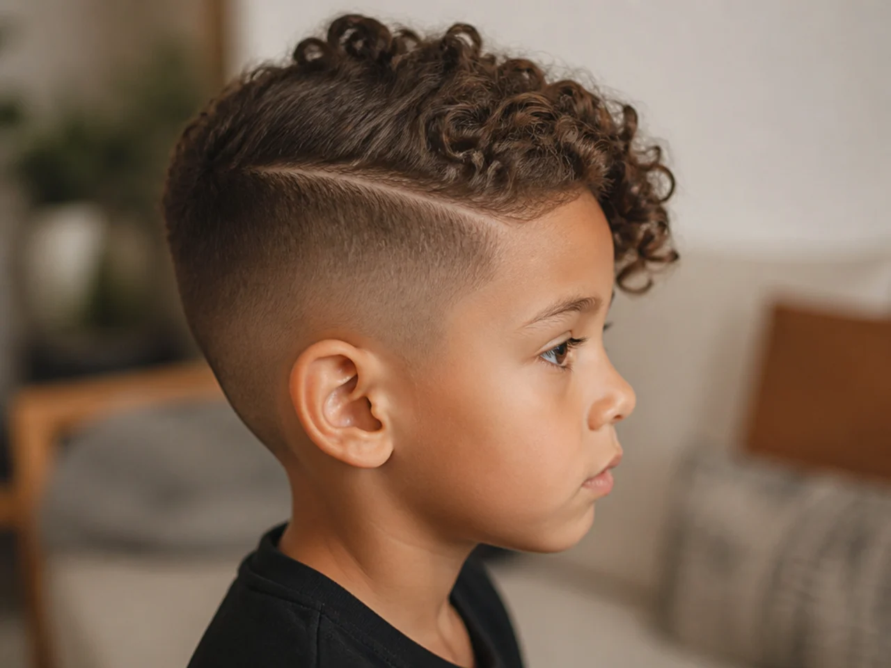 A toddler with curls swept to one side