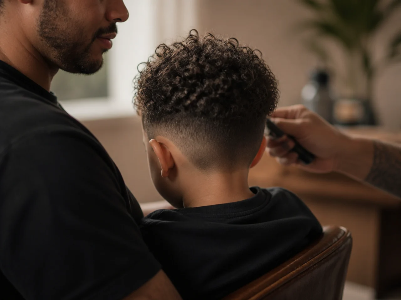 A toddler sitting on a parent's lap during a haircut