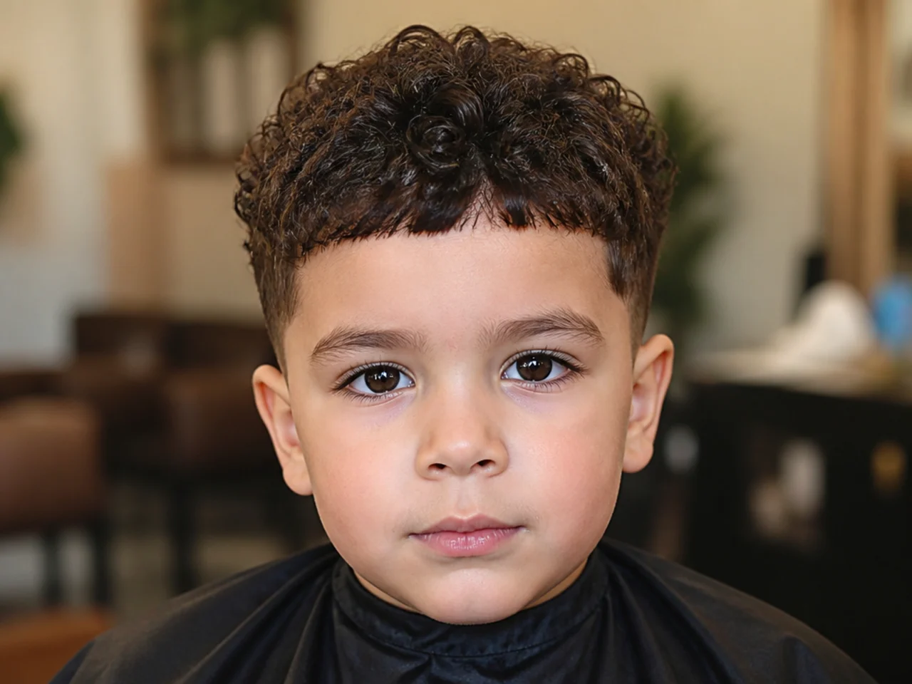 A toddler with an uneven fringe cut straight across curly hair