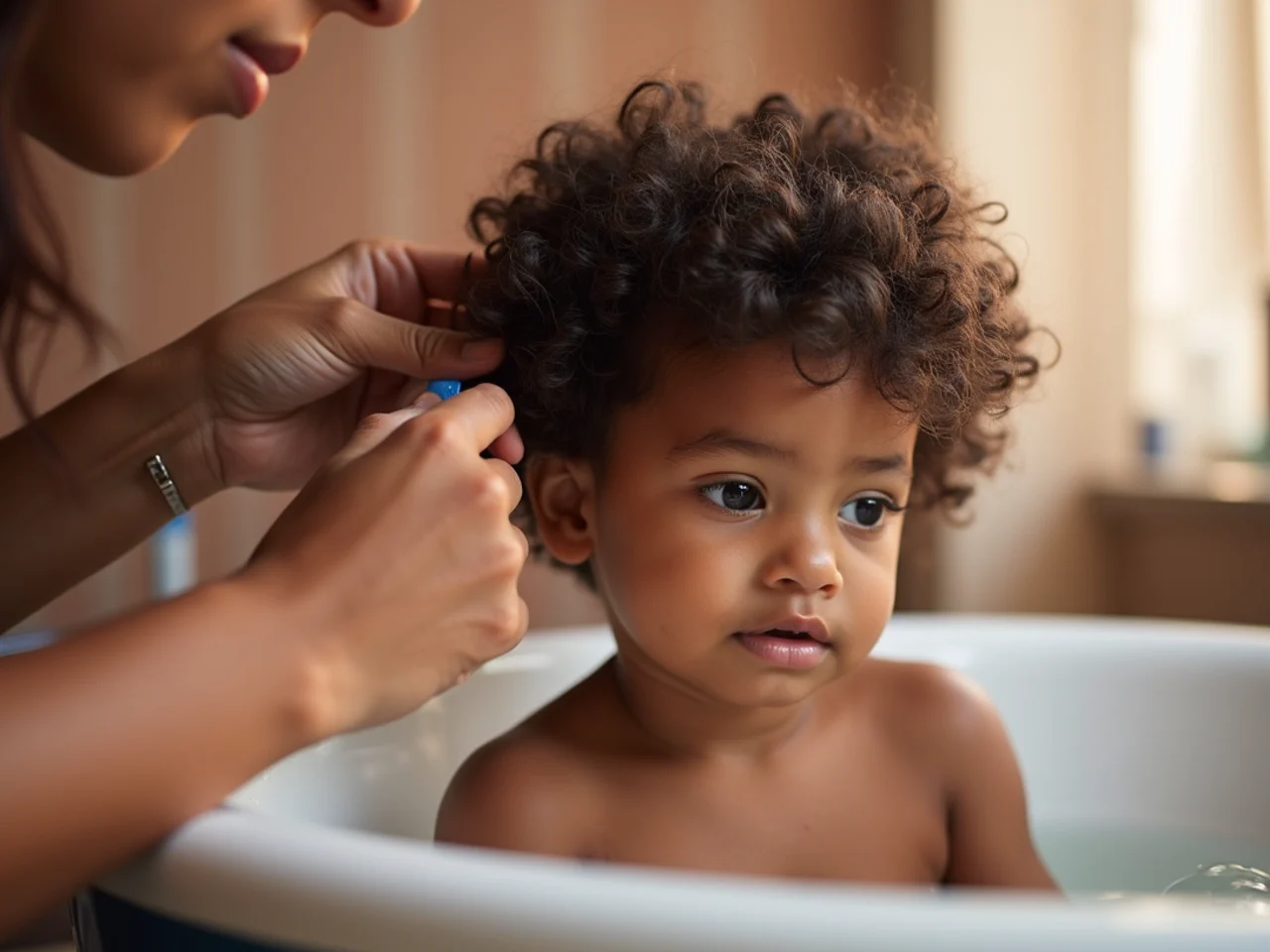 A parent detangling a toddler's curls with conditioner in the bath