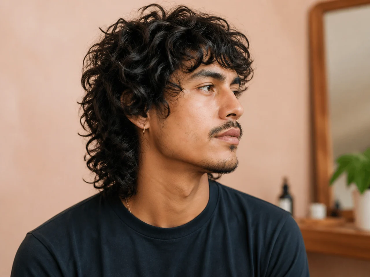 Stylist and curly-haired client reviewing wolf cut reference photos on a phone at the barbershop chair