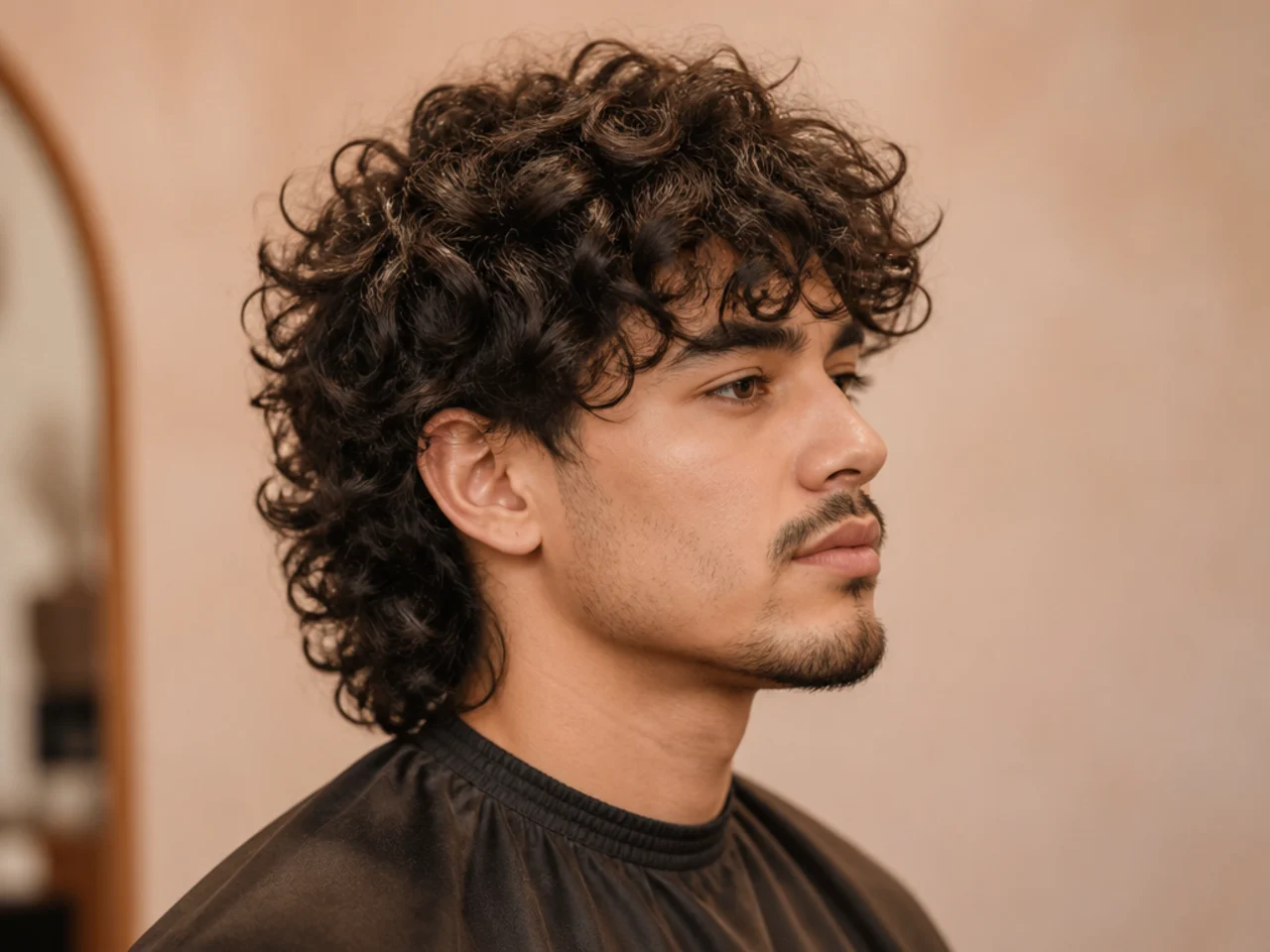 Close-up of layered 3B curly crown volume in a wolf cut with defined internal layering