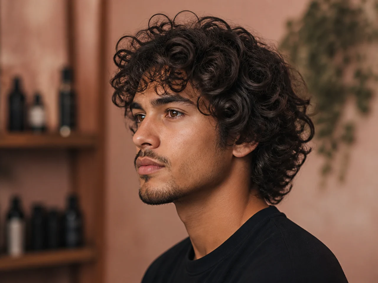 Curly wolf cut styling products laid out — leave-in conditioner, curl cream, and defining gel next to a diffuser