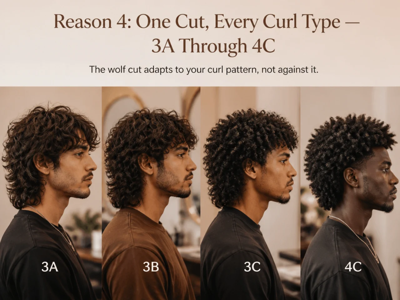Grid showing the wolf cut across curl types — loose 3A waves, springy 3B corkscrews, tight 3C spirals, and coily 4A through 4C patterns