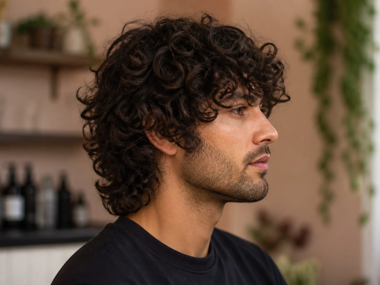 Curly wolf cut at eight weeks of grow-out showing softened face-framing pieces and preserved shape on 3B curls