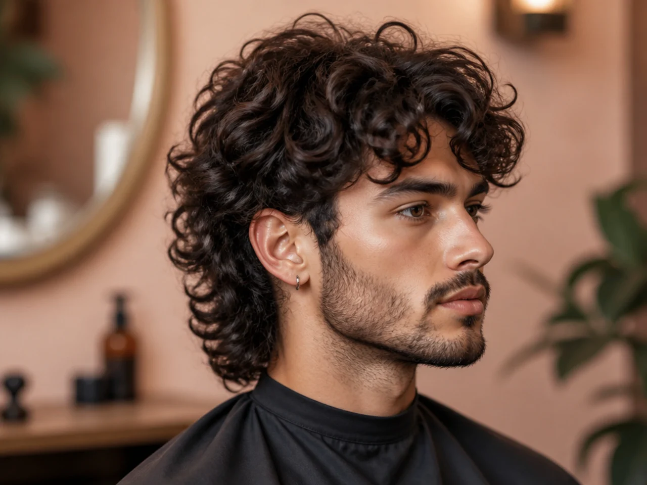 Overhead flat-lay of a curly wolf cut product routine — sulfate-free shampoo, leave-in conditioner, curl cream, defining gel, diffuser, satin bonnet