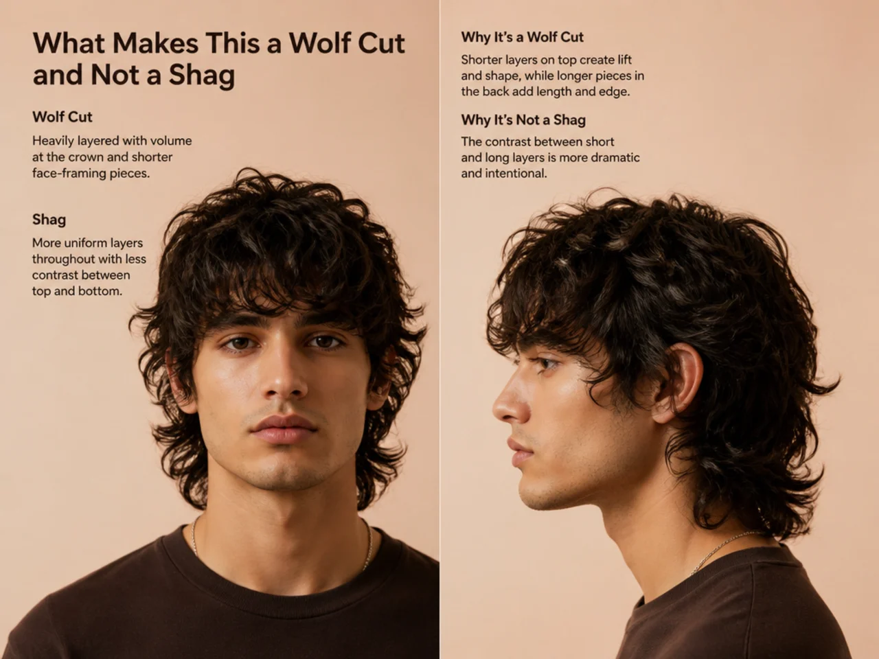 Comparison of a wolf cut and a shag haircut on 3B curly hair showing the crown-layered wolf silhouette next to the softer shag