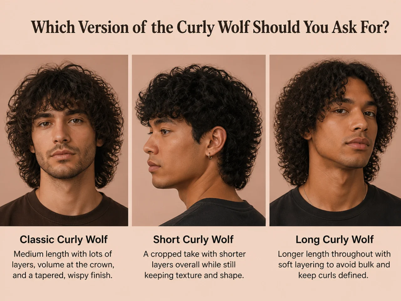 Stylist showing a curly-haired client three reference photos of wolf cut variations in a barbershop
