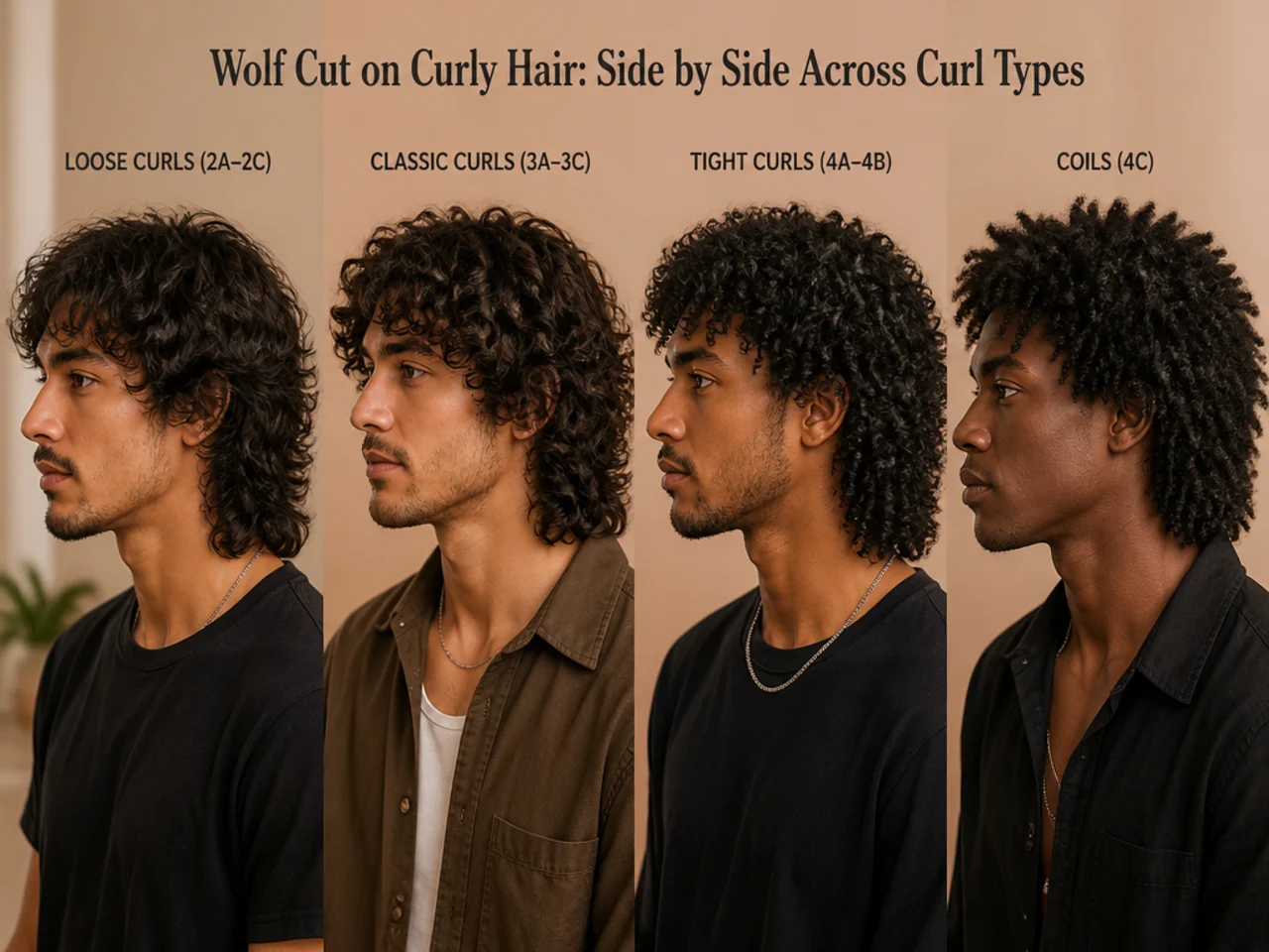 Comparison chart of the wolf cut executed on loose 3A curls, springy 3B corkscrews, tight 3C spirals, and coily 4A through 4C patterns
