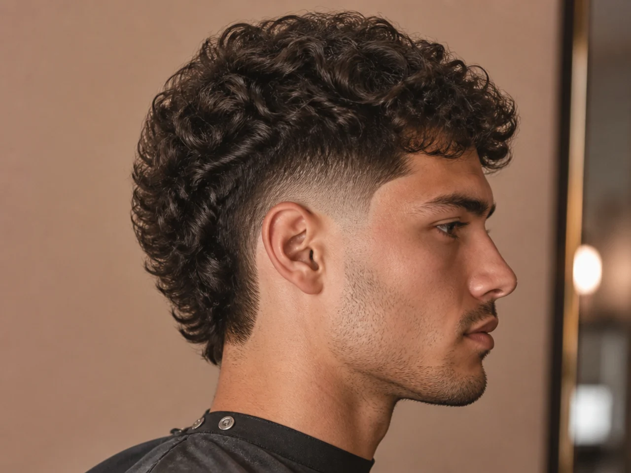 Curly Edgar haircut with straight-line curly fringe and mid skin fade