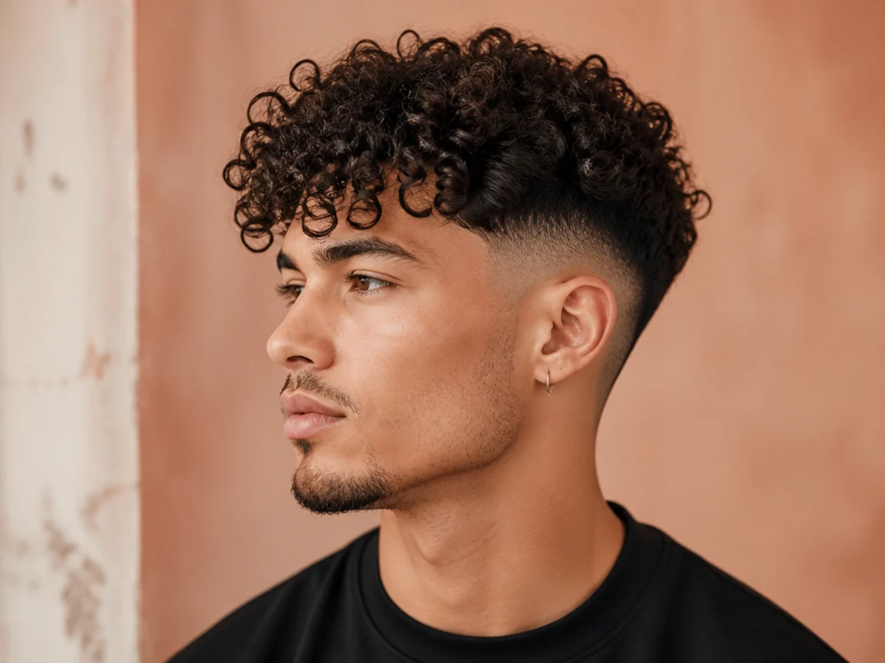 Curly fringe haircut with heavy forward fringe and drop fade on 3B curls