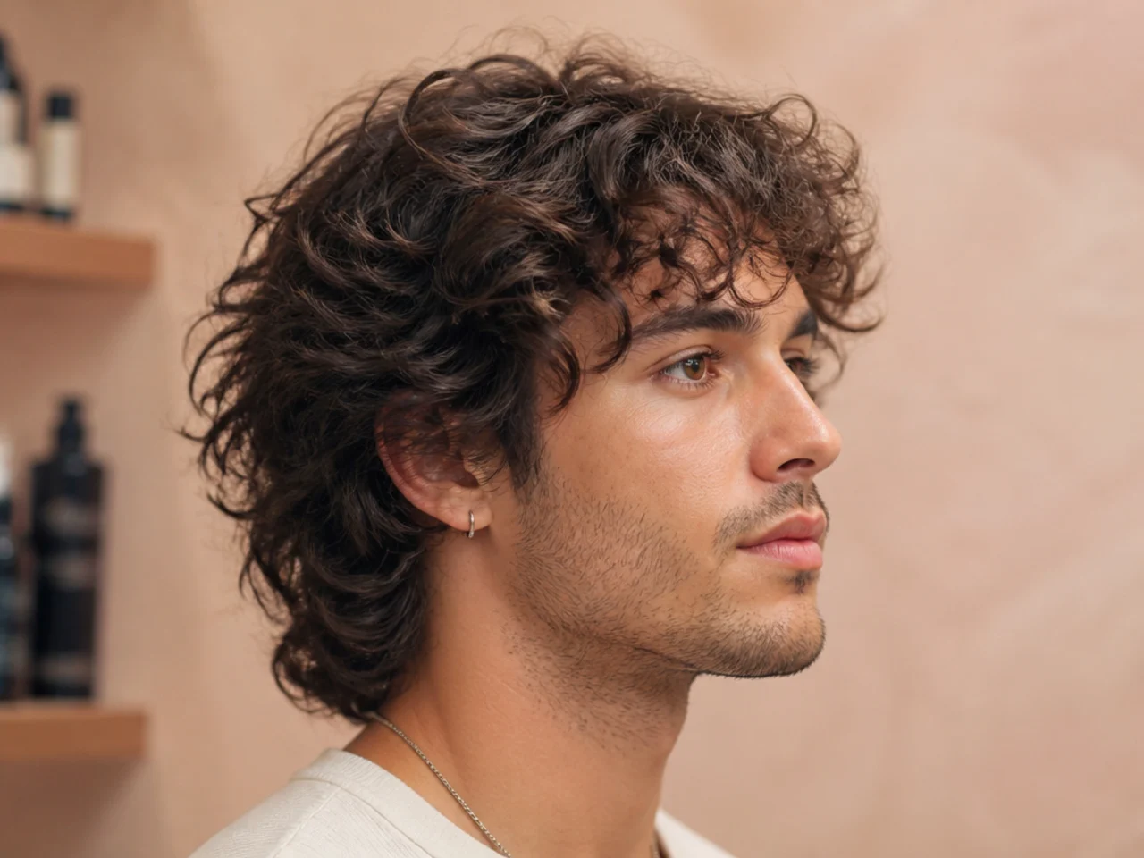 Grown-out curly perm shag with heavy layers and curtain fringe on chemically permed 3A curls