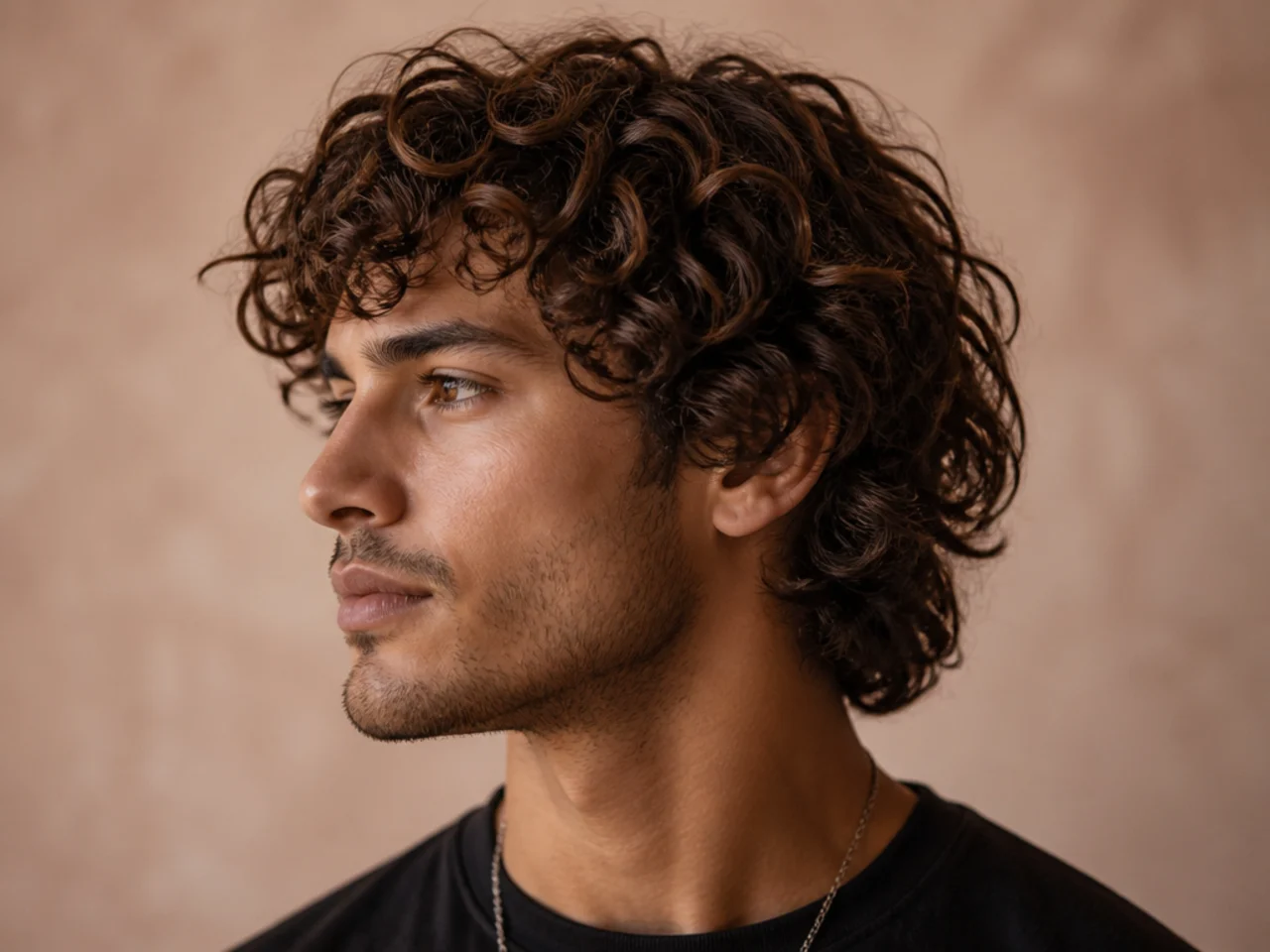 Curly surfer cut with sun-lightened waves and shaggy shoulder-length curls on 2C wave