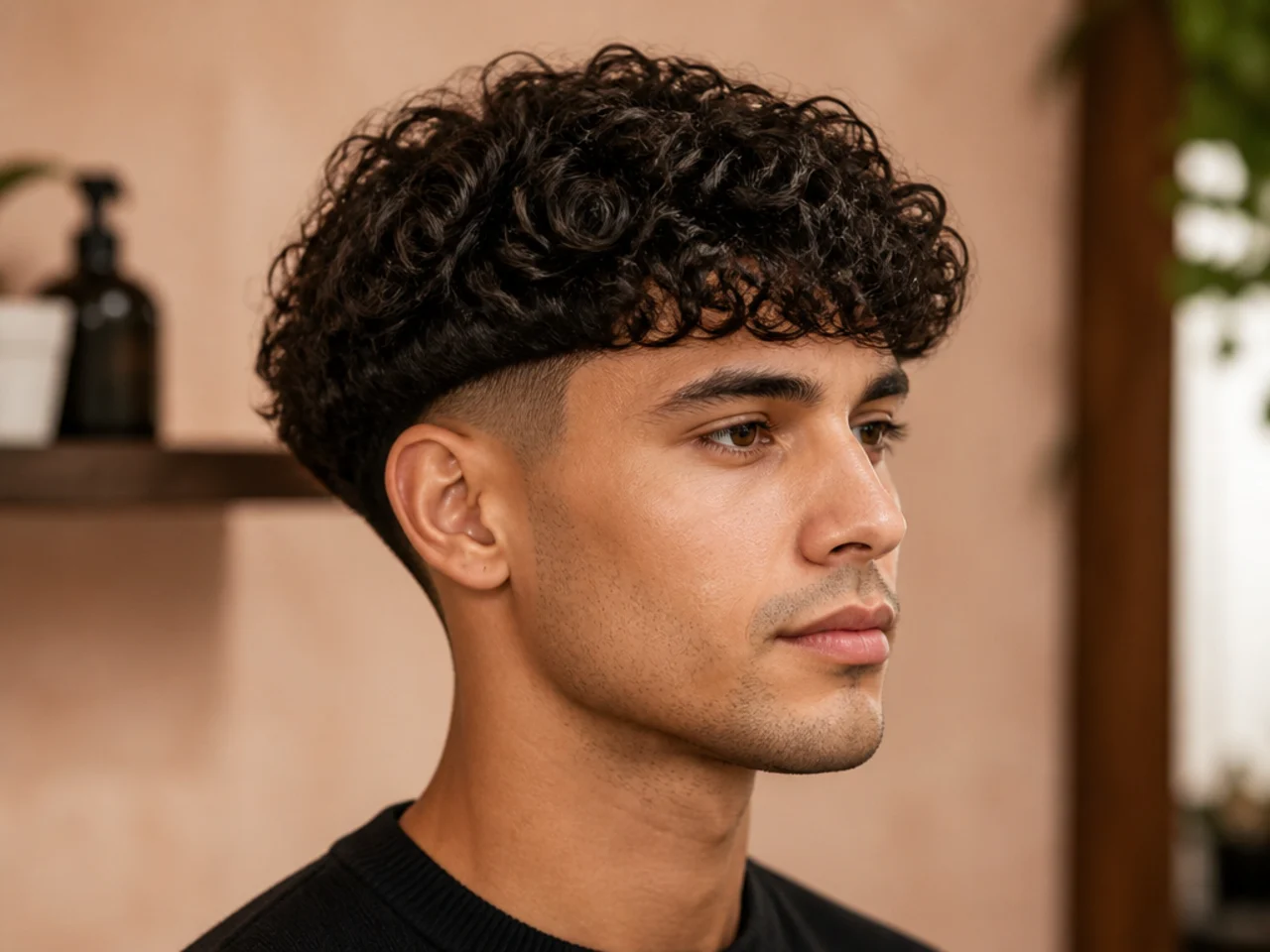 Modern curly bowl cut with rounded top and shaved sides on 3A to 3B curls