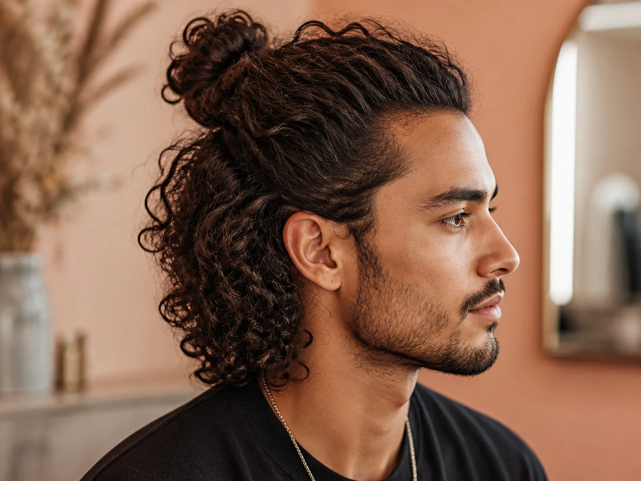 Curly half-up man bun with top pulled back and long side curls on 3A curls