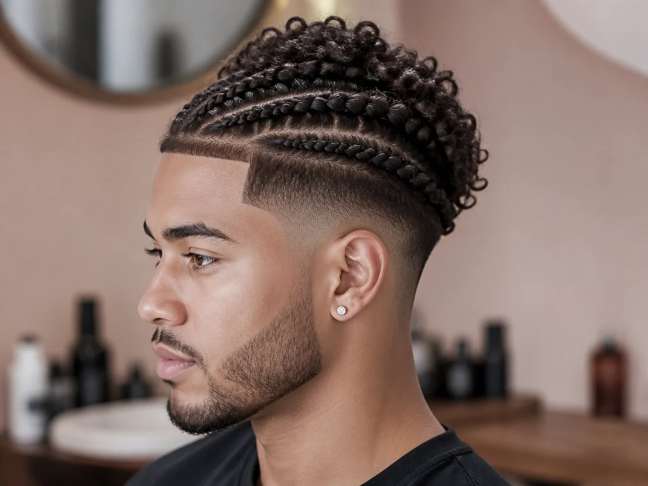 Braided curly top haircut with cornrows or two-strand twists over a mid skin fade on 4A hair