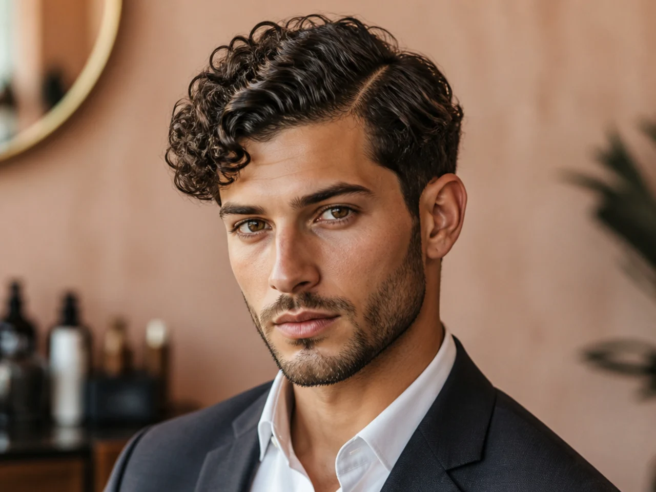 Curly business cut with defined side part and clean low taper on 2C to 3A curls
