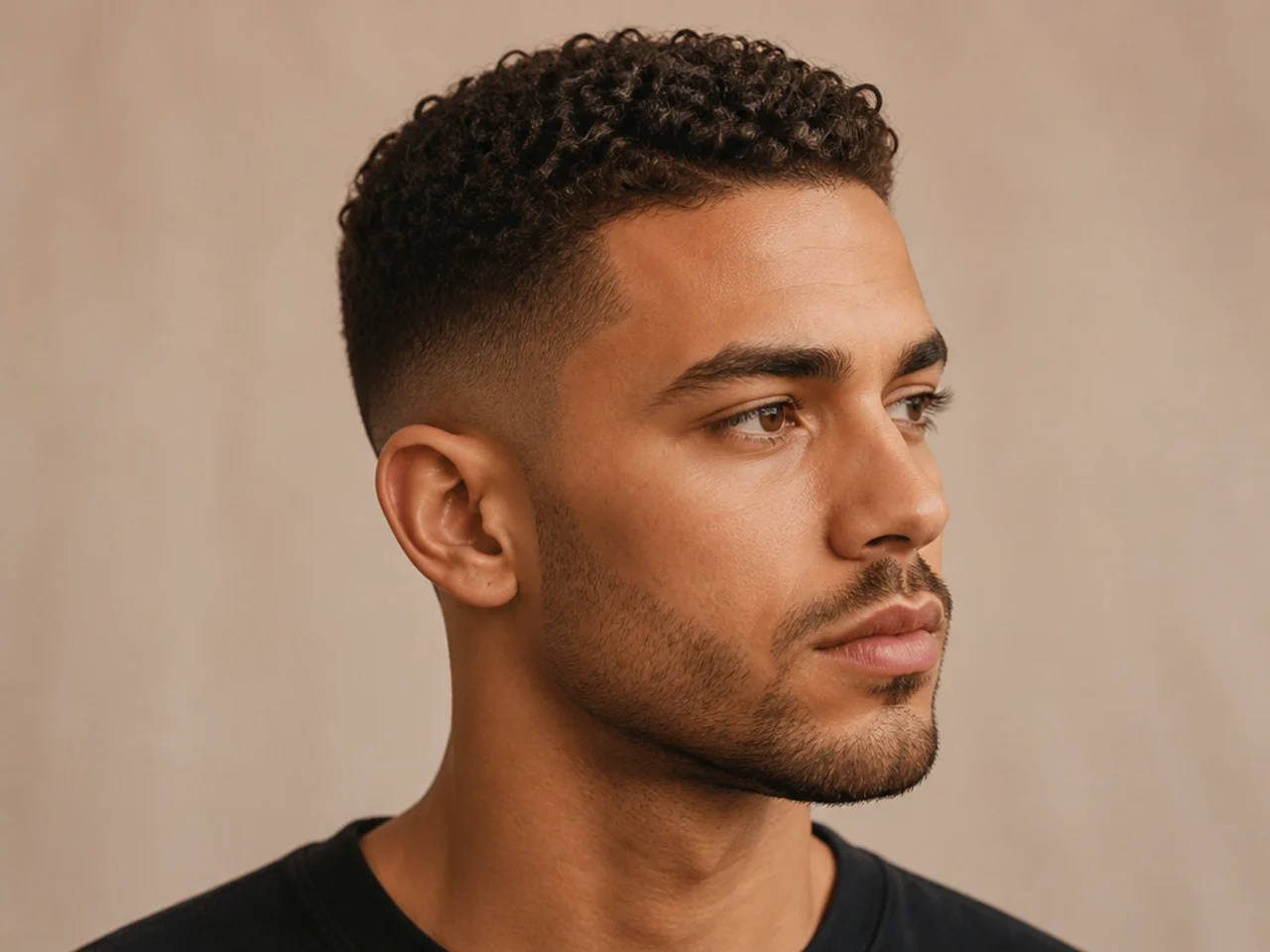 Short curly crew cut with rounded top and clean taper on 3B curls
