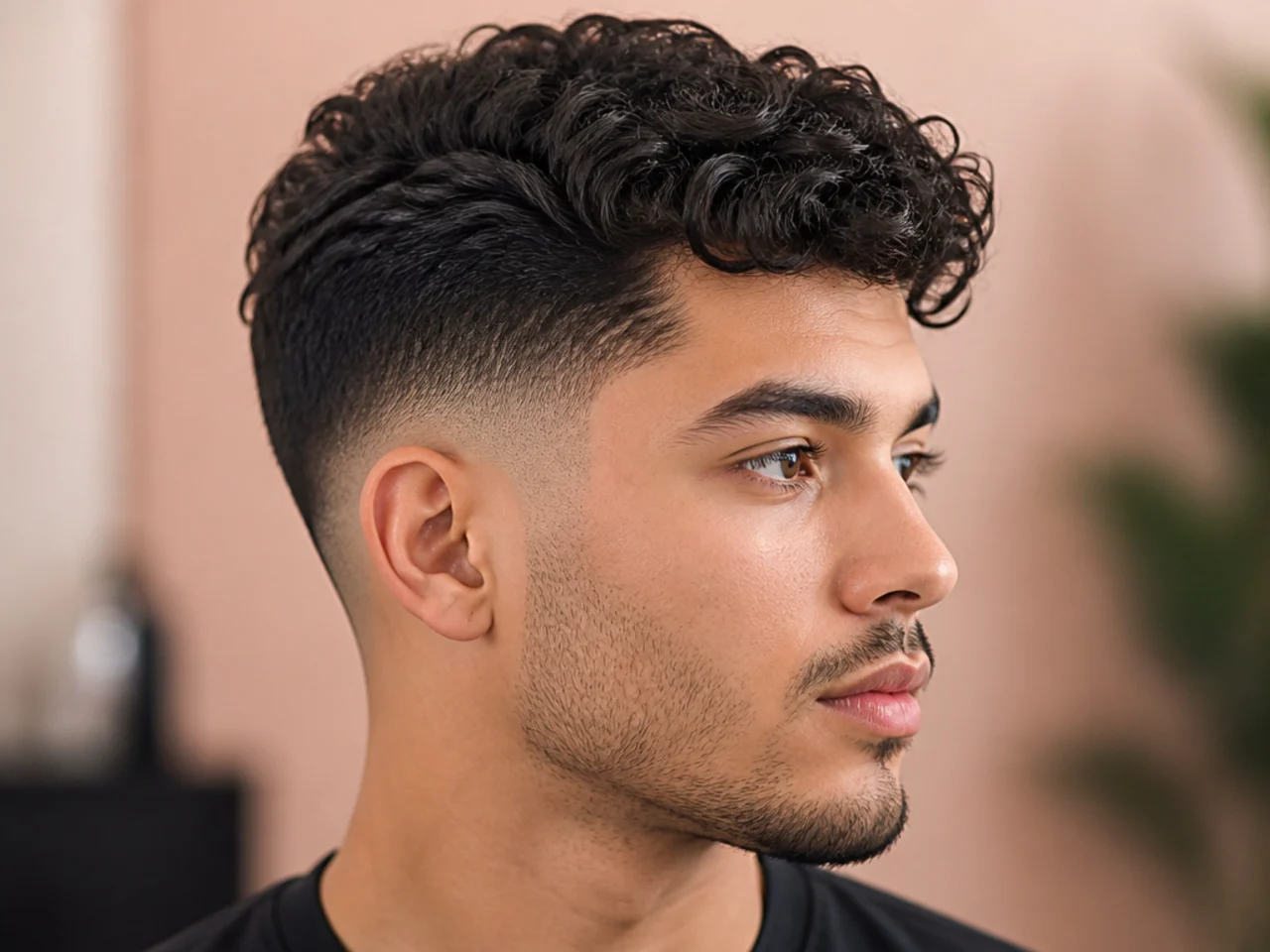 Curly comb-over fade with three-inch top swept across on 3A loose curls