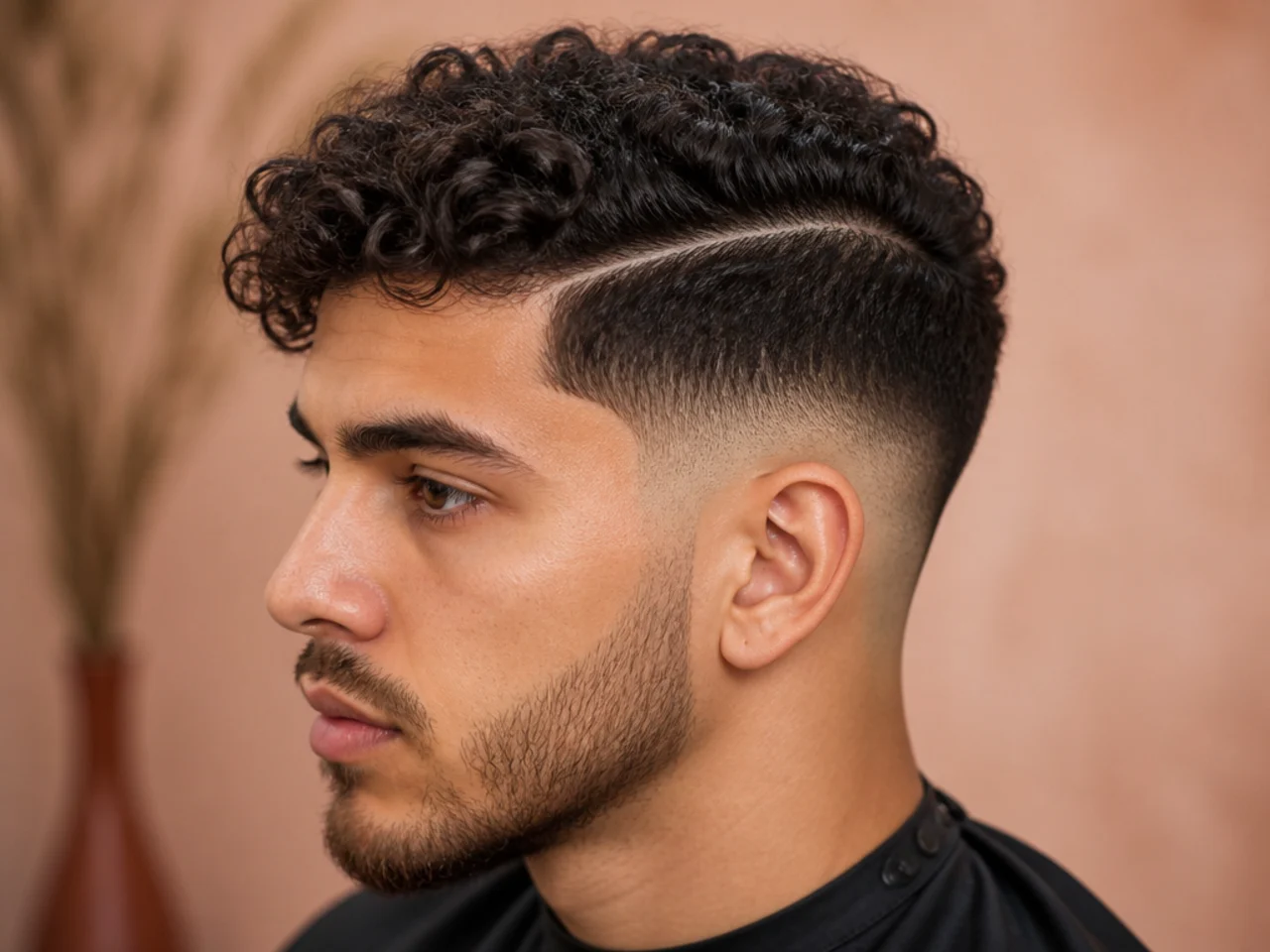Curly hard part haircut with razored parting line and low fade on 3B curls