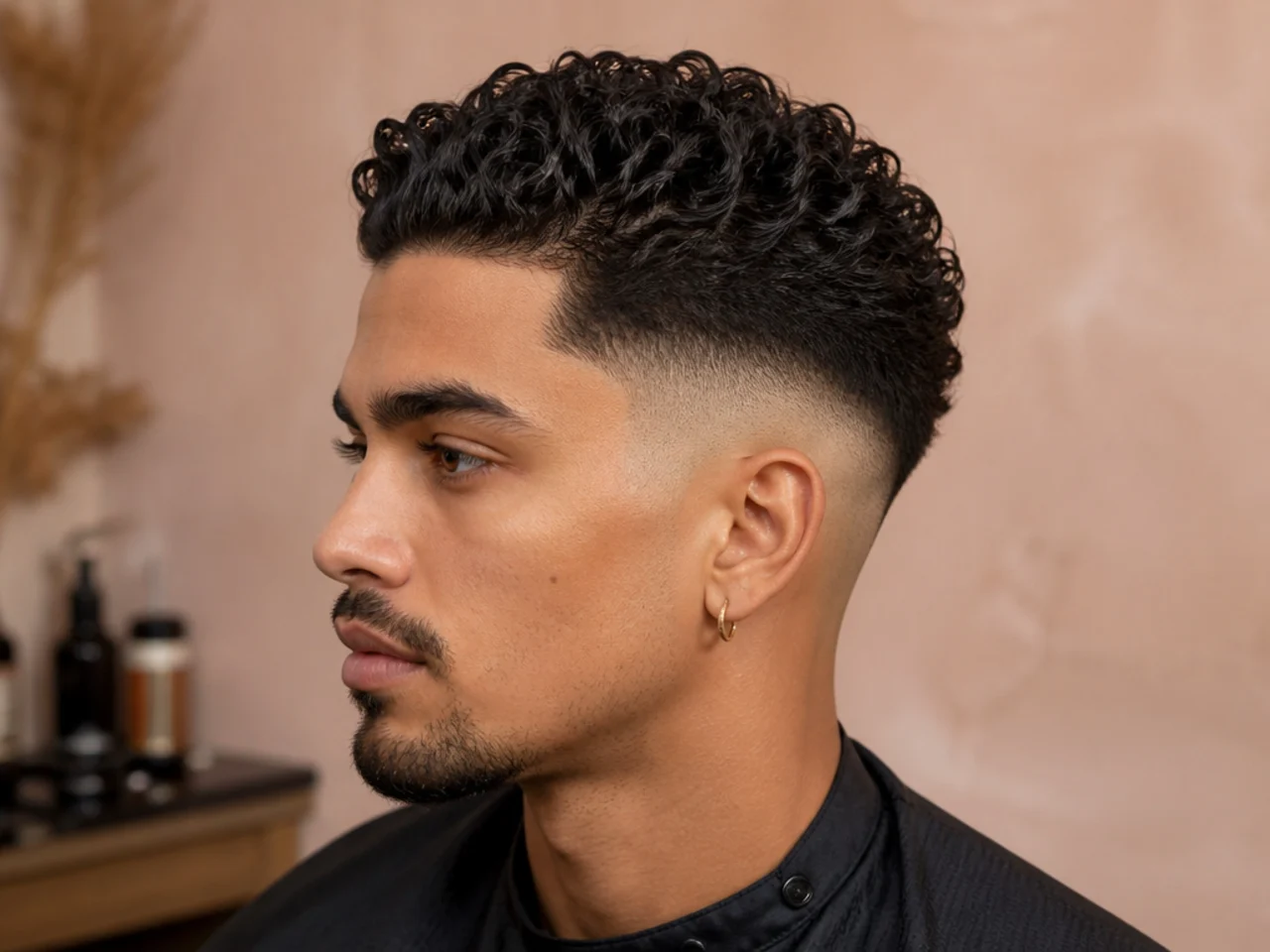 Curly slick back haircut with brushed-back top and skin fade on 3A curls