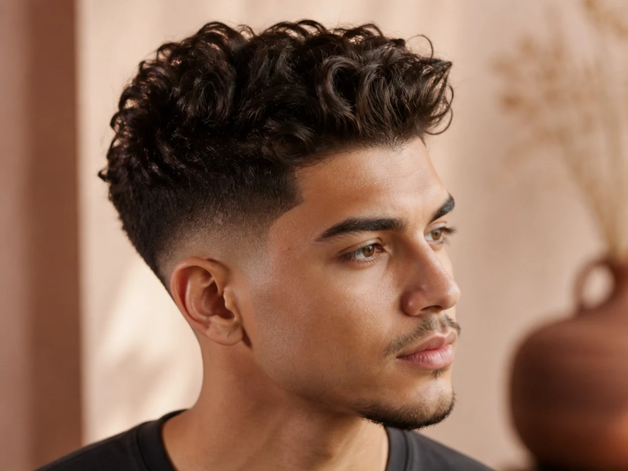 Curly pompadour with tall front and high fade on 3A to 3B curls