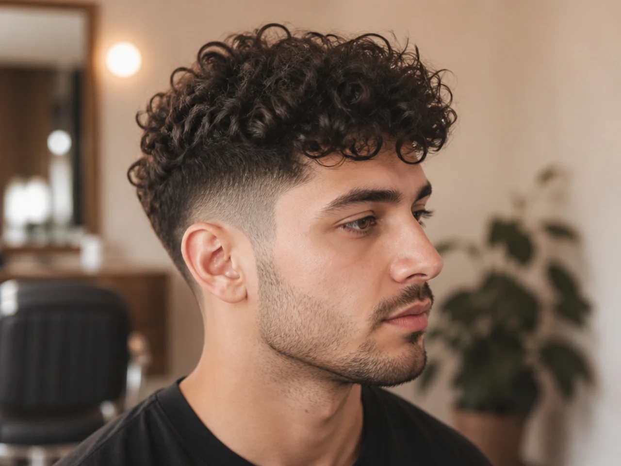 Client showing a reference photo to a barber before a curly cut in a barbershop