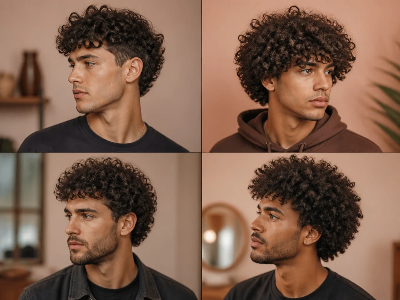 Three men with different curl types showing the range of curly haircut ideas for men