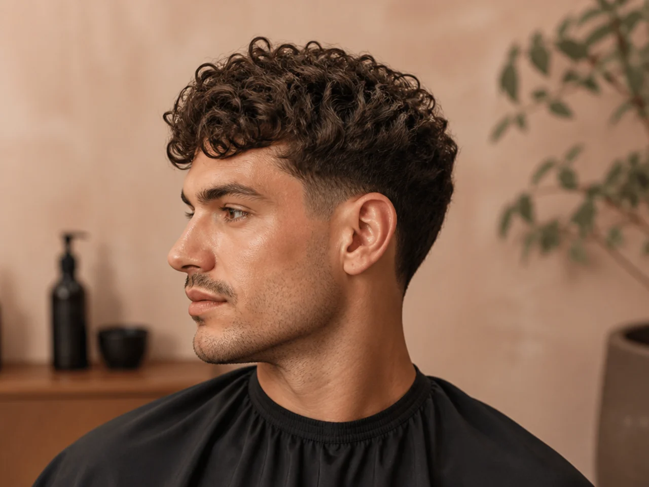 Side profile of a fresh curly men's haircut showing scissor-cut top and tapered sides