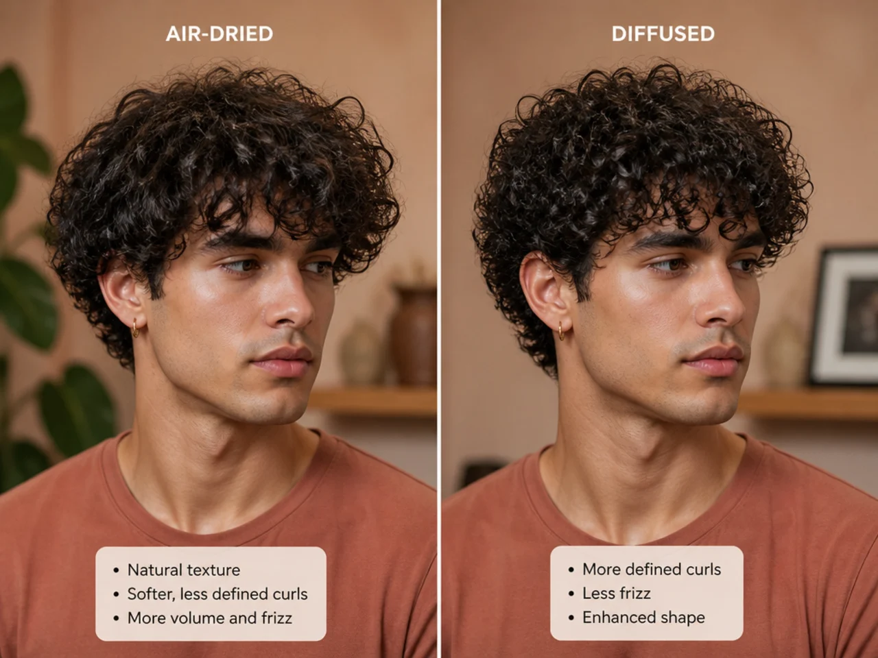 Should curly hair be air-dried or diffused?