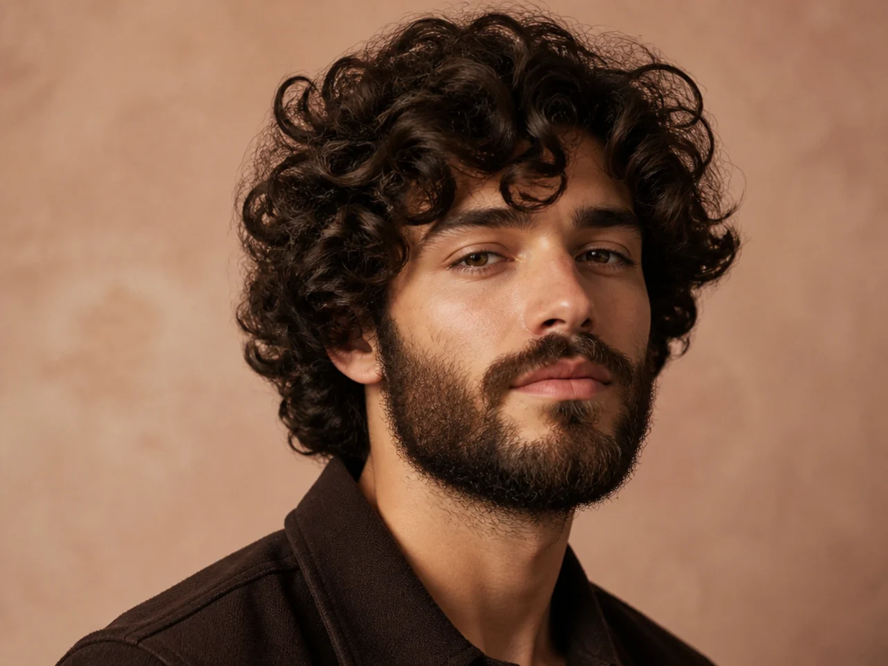 Tousled Medium Curls with Full Beard