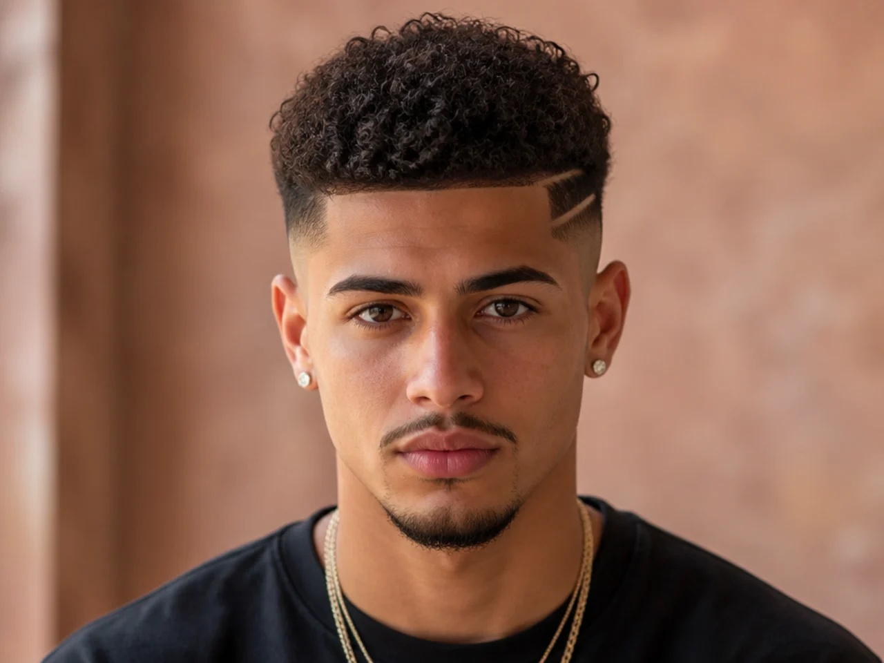 A curly high fade with a design