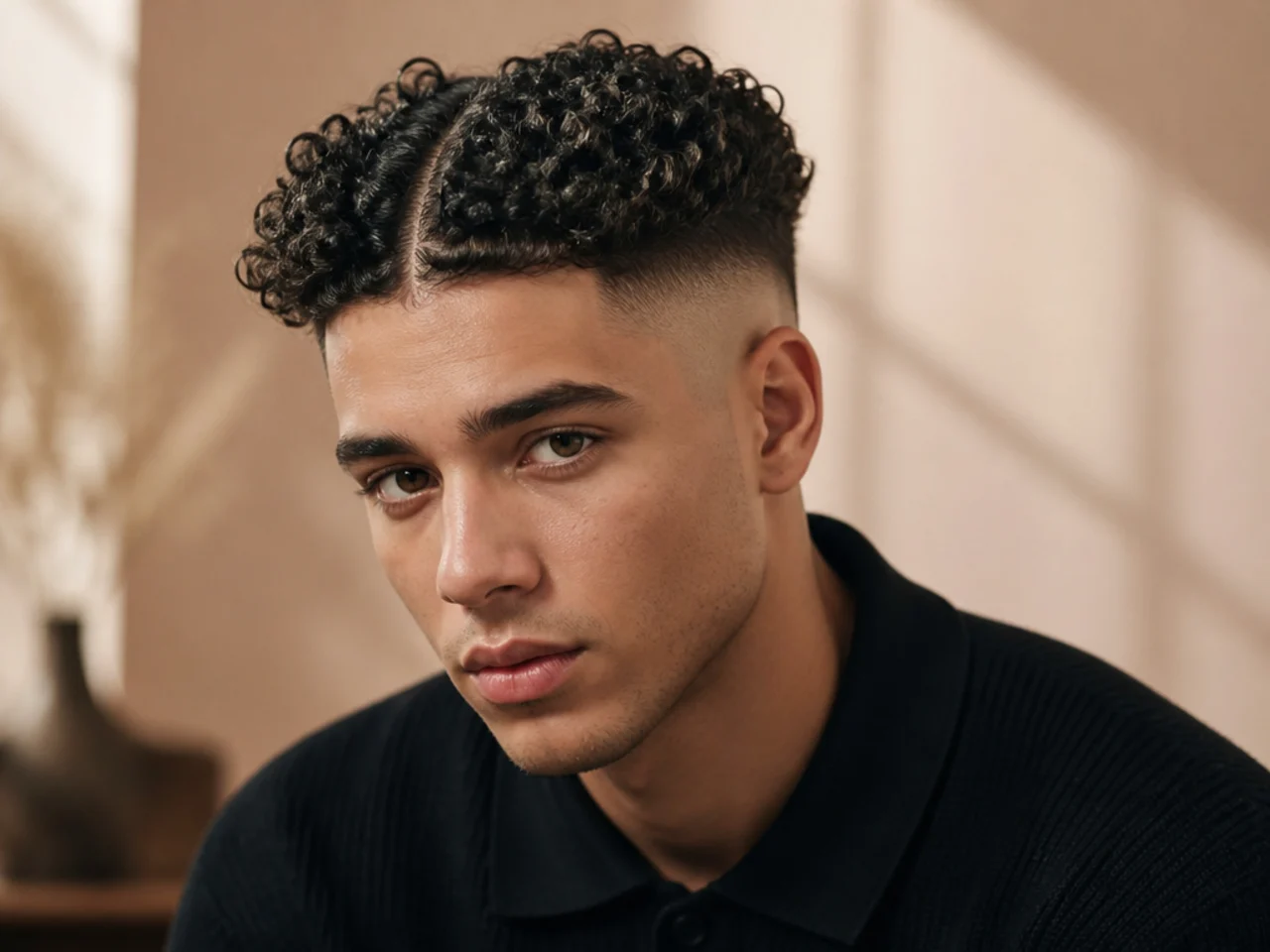 A curly high fade with a middle part