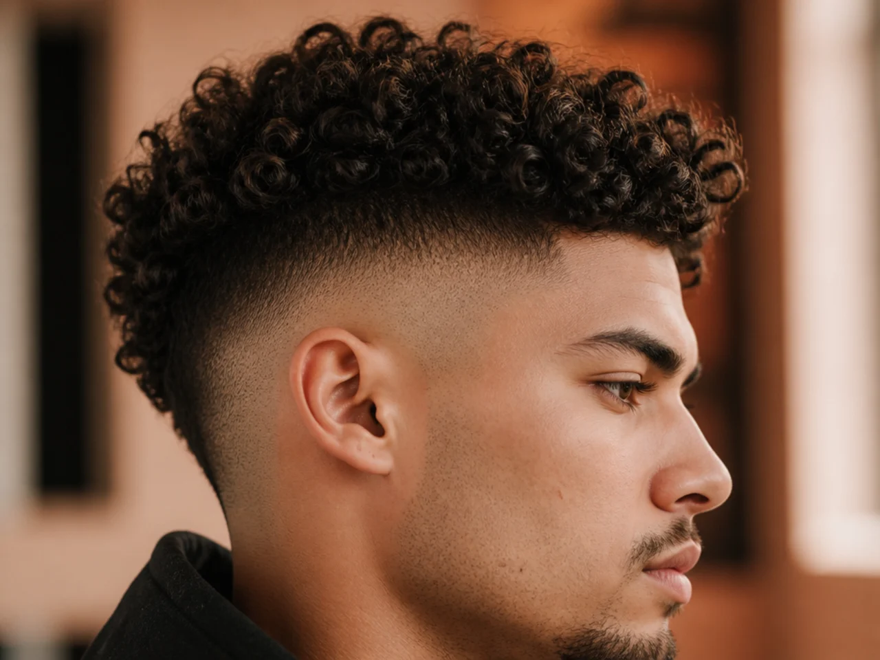 A curly high fade faux hawk
