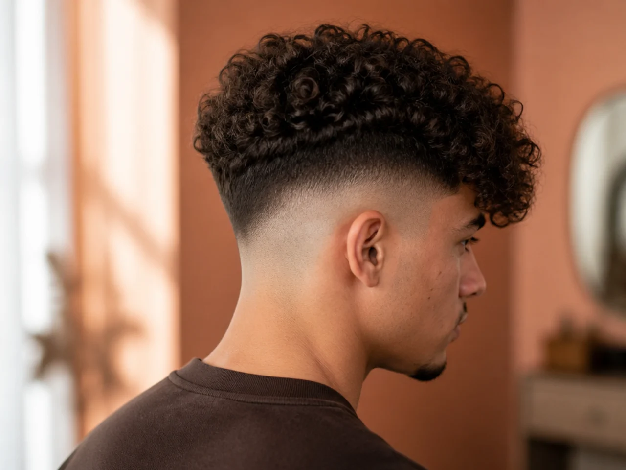 A curly high fade with a fringe