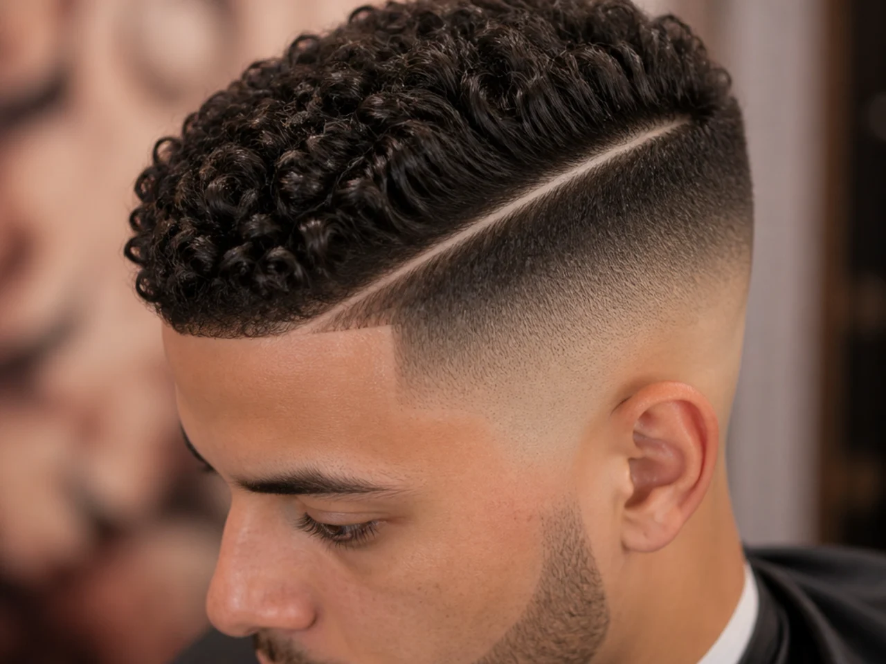 A curly high fade with a hard part
