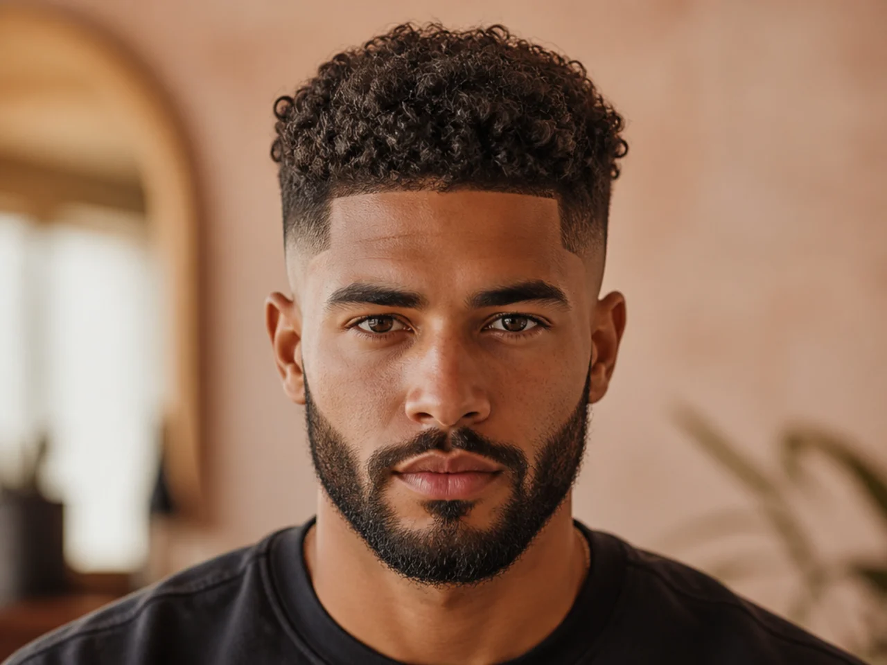 A curly high fade with a beard
