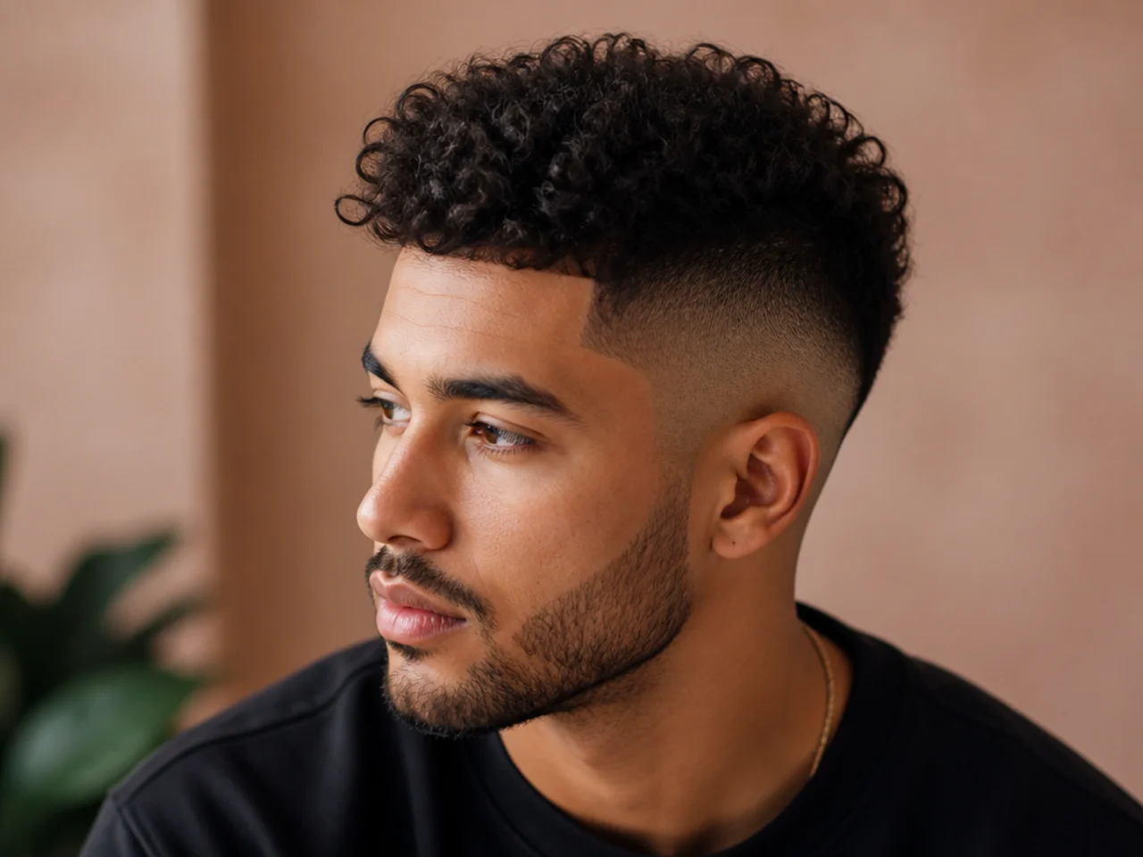 Three-quarter view of a curly high fade