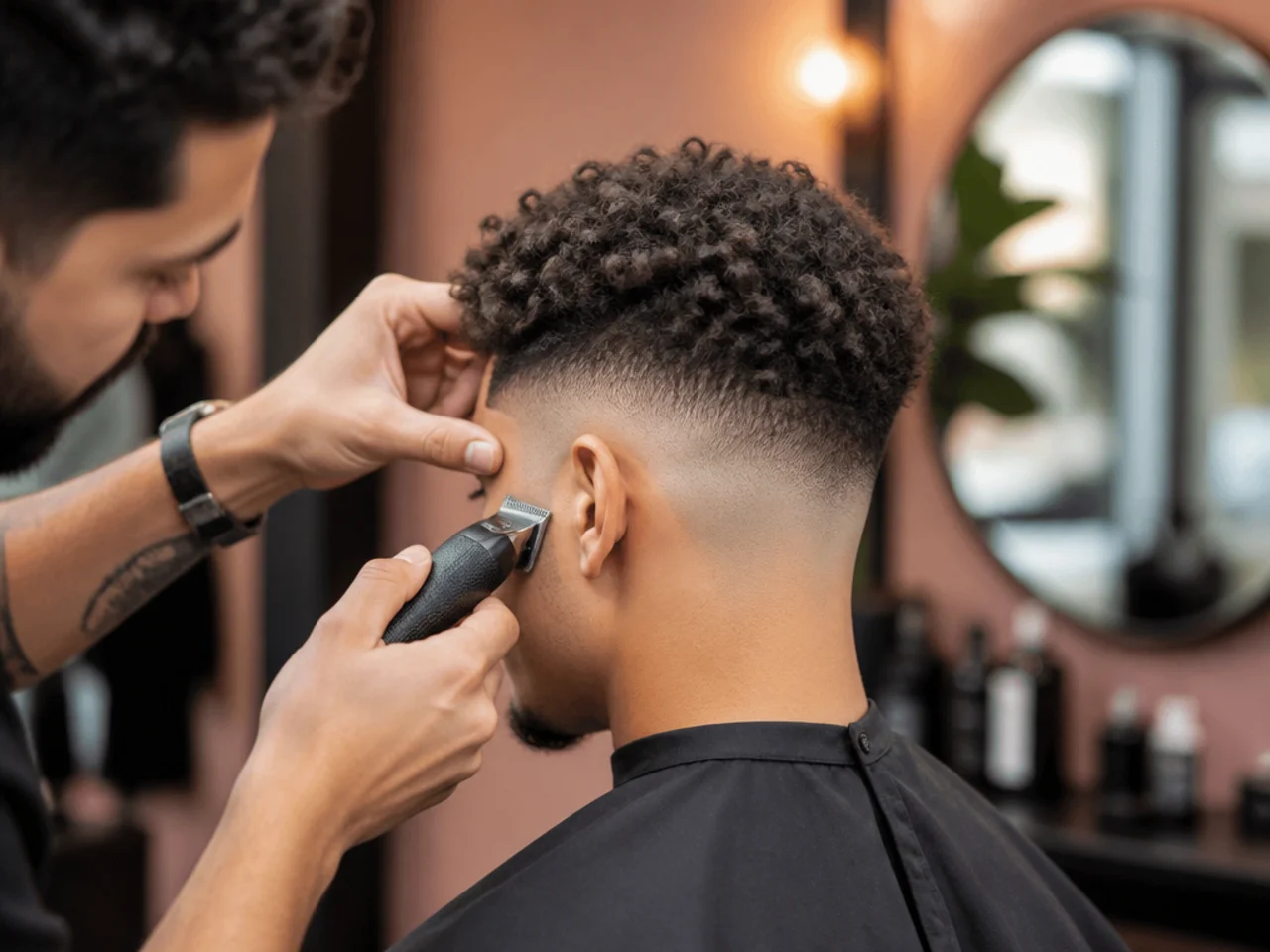 A barber softening the top edge of a curly high fade