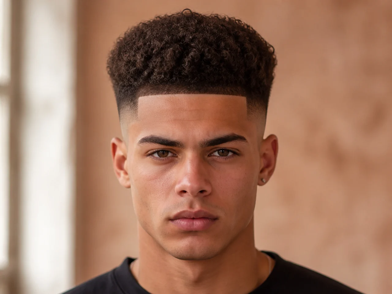 A curly high fade with a hard line creating a cap effect