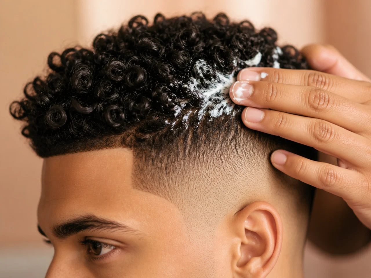 Curl cream being applied above a high fade line